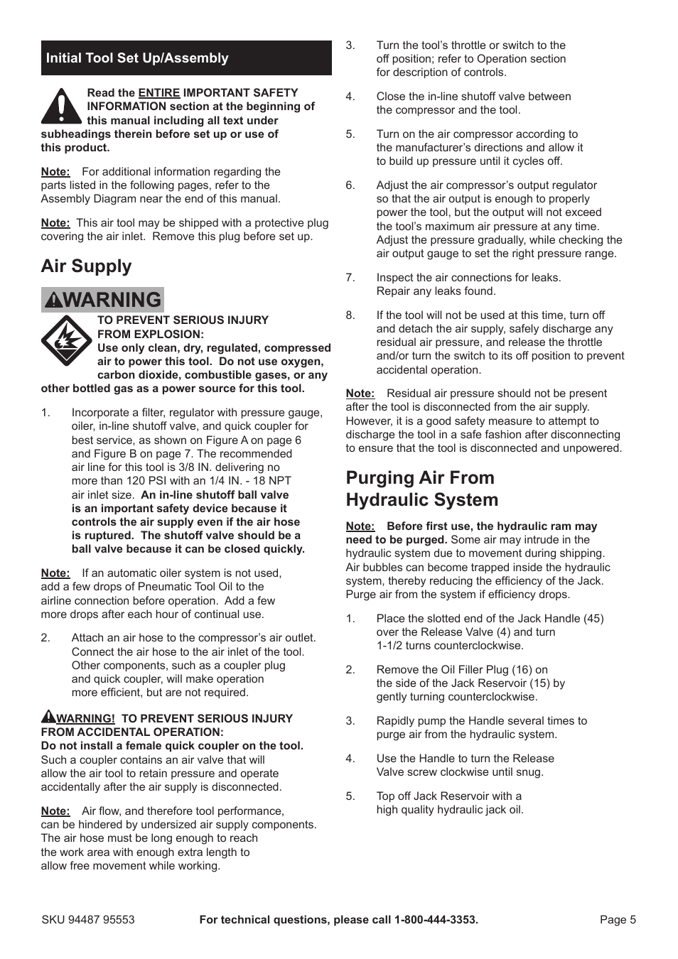 Air supply, Purging air from hydraulic system | Harbor Freight Tools 94487 User Manual | Page 5 / 16