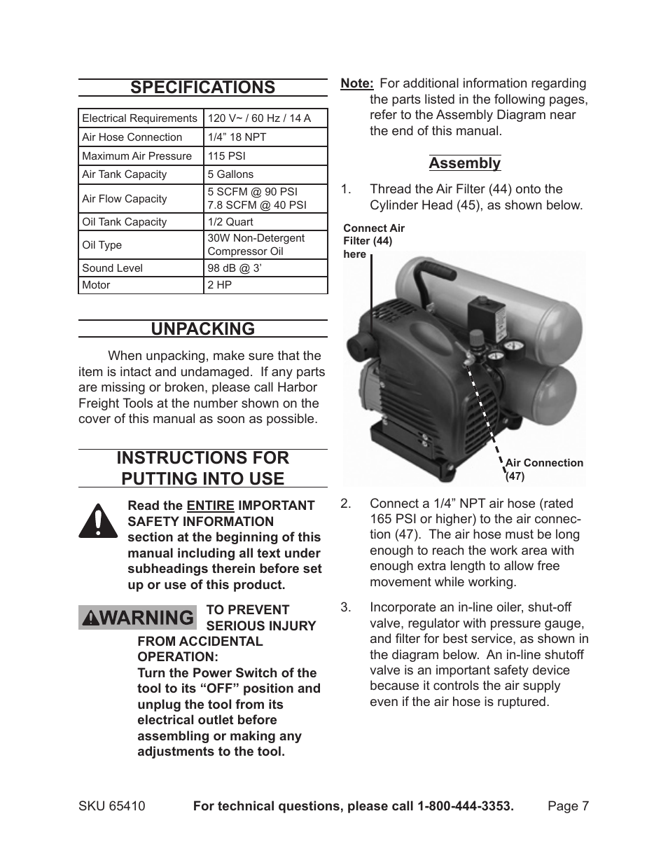 Specifications, Unpacking, Instructions for putting into use | Assembly | Harbor Freight Tools 65410 User Manual | Page 7 / 15