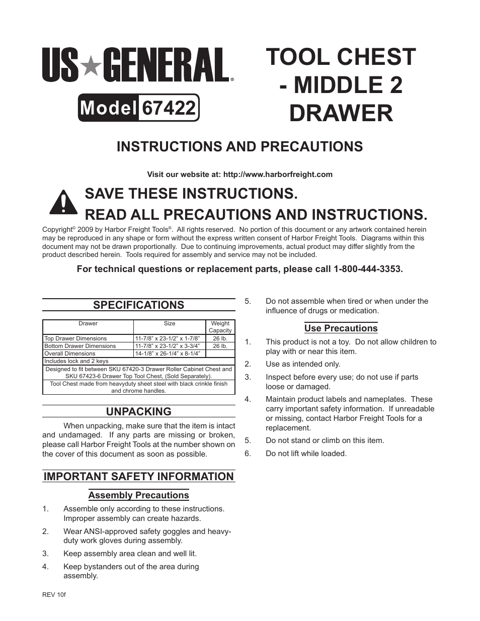 Harbor Freight Tools 67422 User Manual | 2 pages