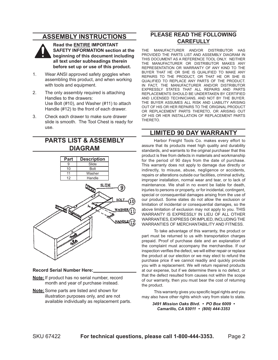 Assembly instructions, Parts list & assembly diagram, Limited 90 day warranty | Please read the following carefully | Harbor Freight Tools 67422 User Manual | Page 2 / 2