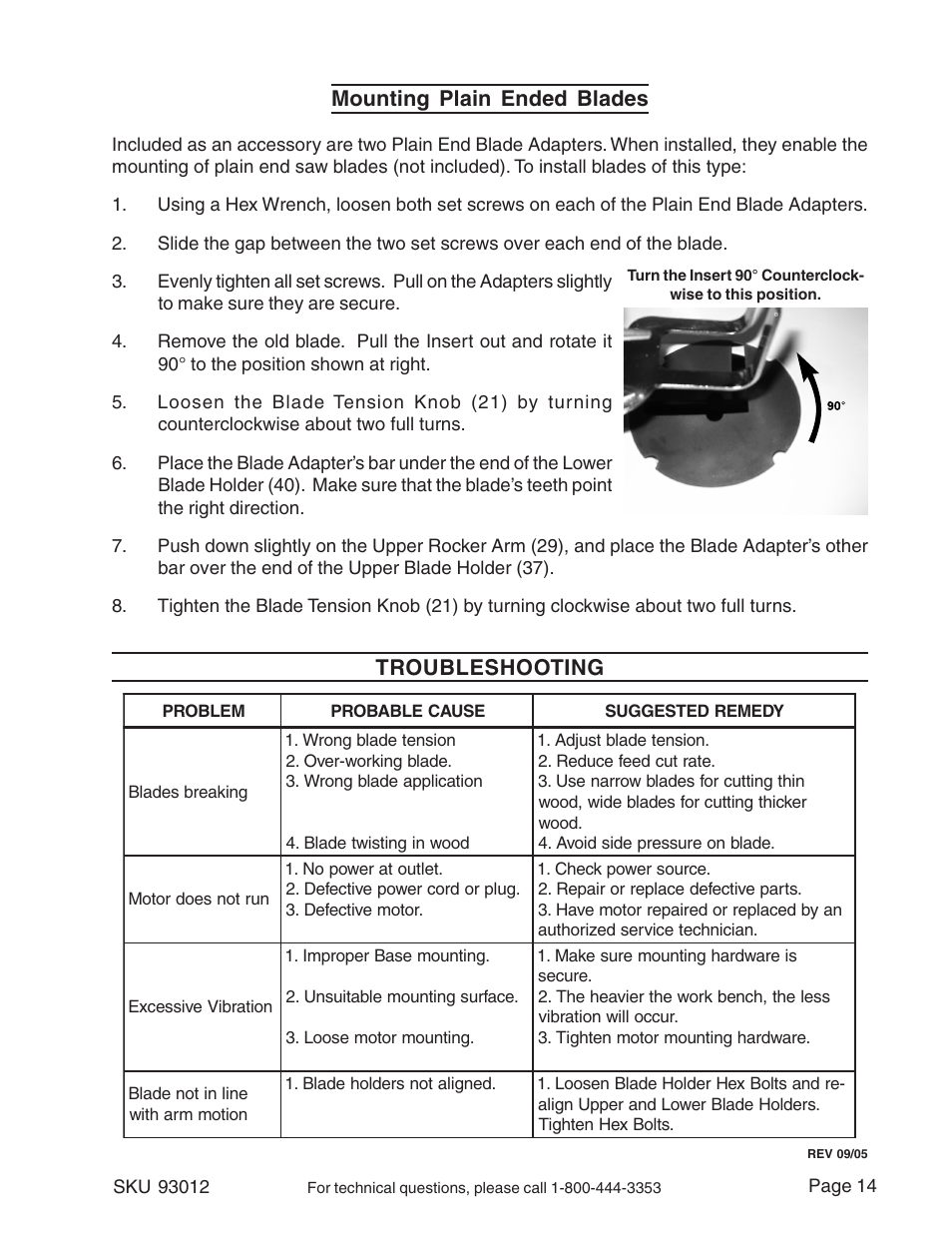 Mounting plain ended blades, Troubleshooting | Harbor Freight Tools 93012 User Manual | Page 14 / 16