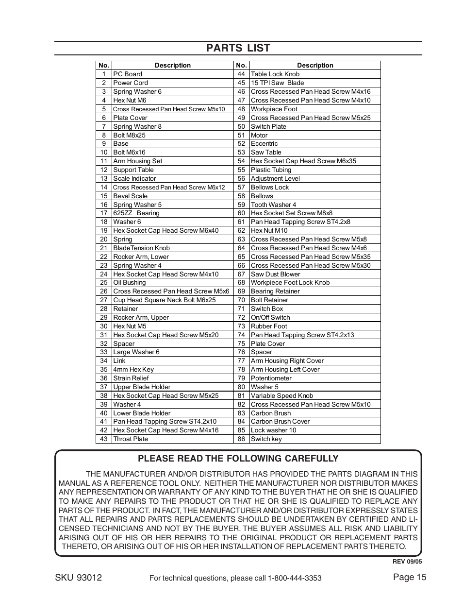 Parts list, Please read the following carefully | Harbor Freight Tools 93012 User Manual | Page 15 / 16