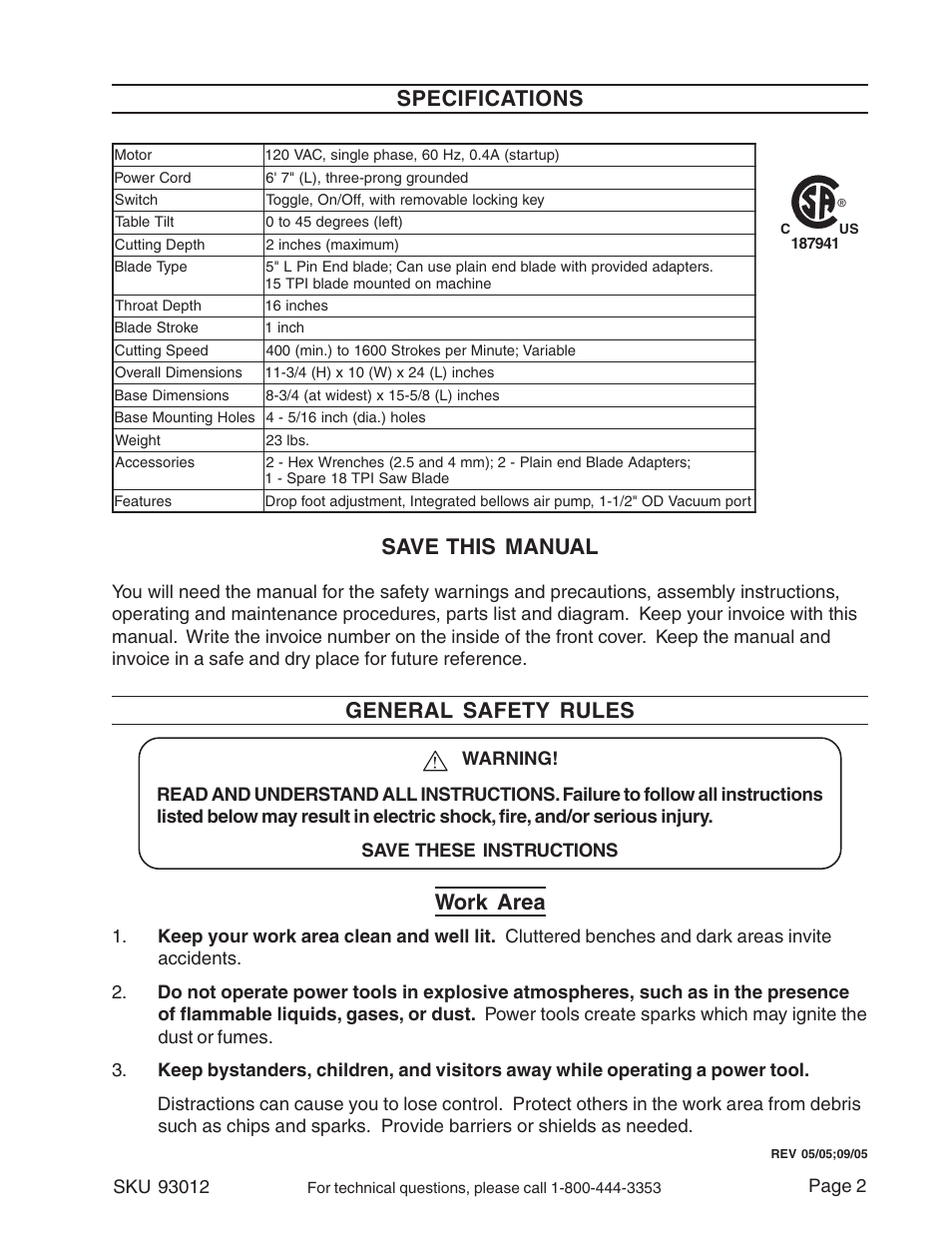 Specifications, Save this manual, General safety rules | Work area | Harbor Freight Tools 93012 User Manual | Page 2 / 16