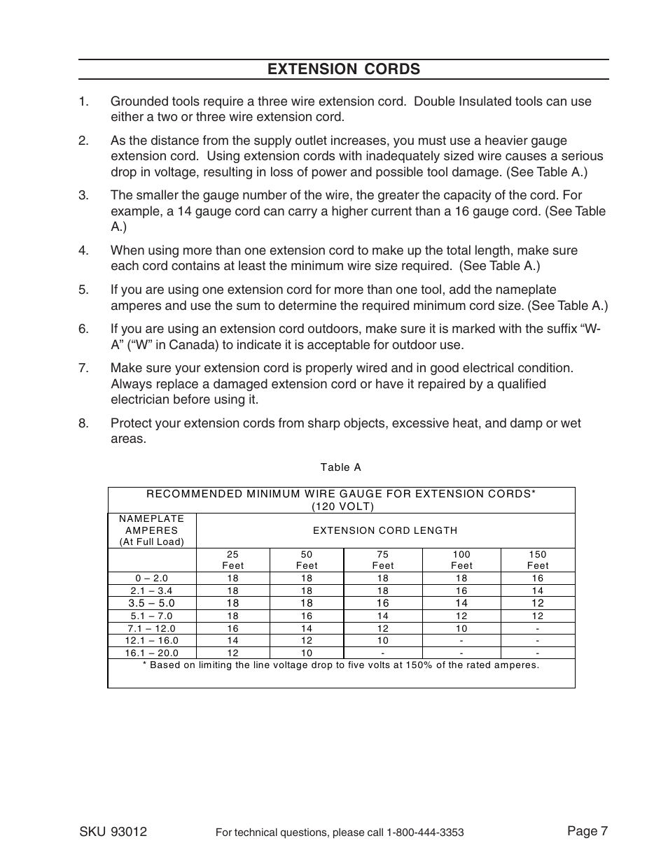 Extension cords | Harbor Freight Tools 93012 User Manual | Page 7 / 16