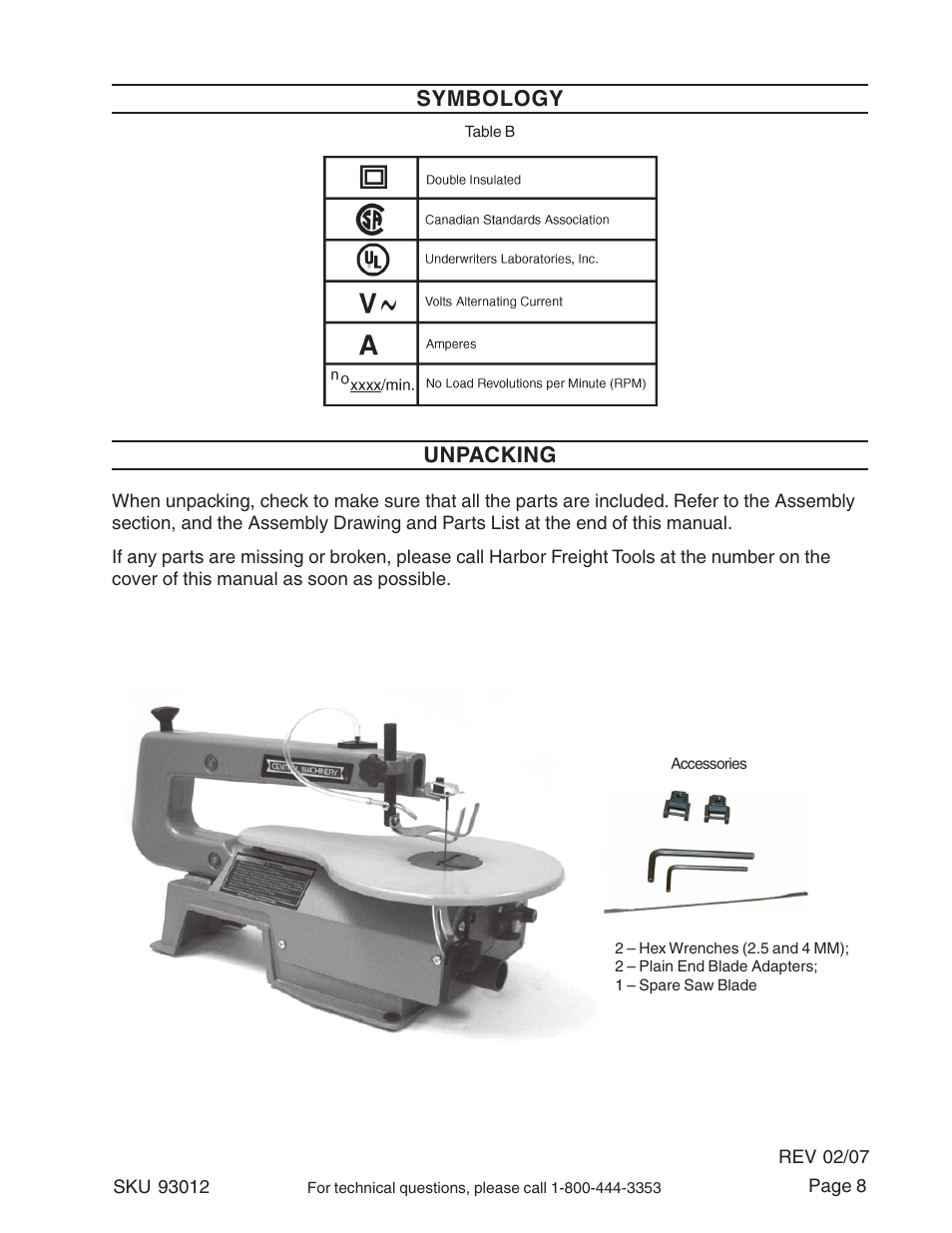 Symbology, Unpacking | Harbor Freight Tools 93012 User Manual | Page 8 / 16