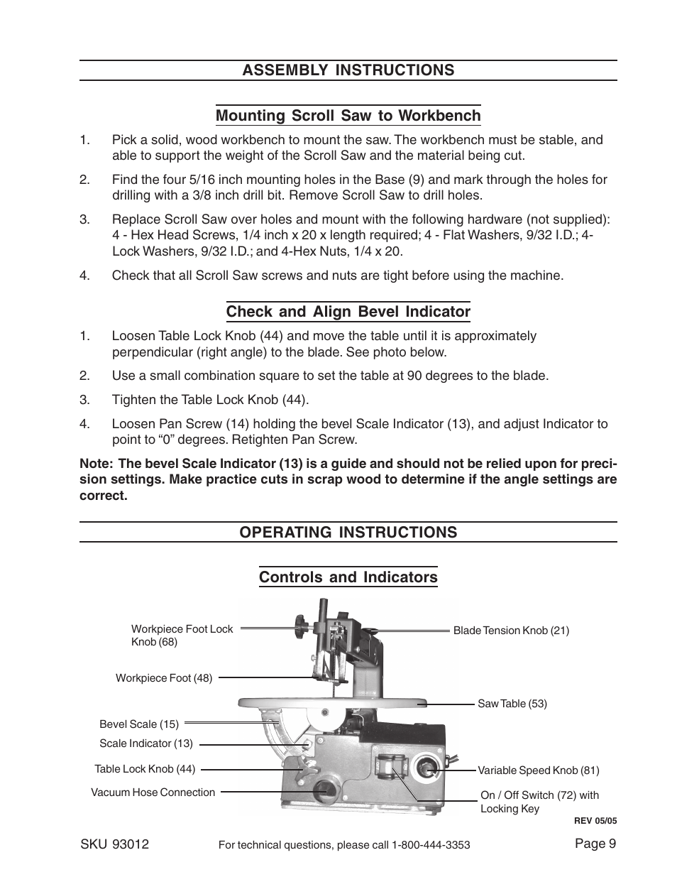 Check and align bevel indicator, Operating instructions controls and indicators | Harbor Freight Tools 93012 User Manual | Page 9 / 16