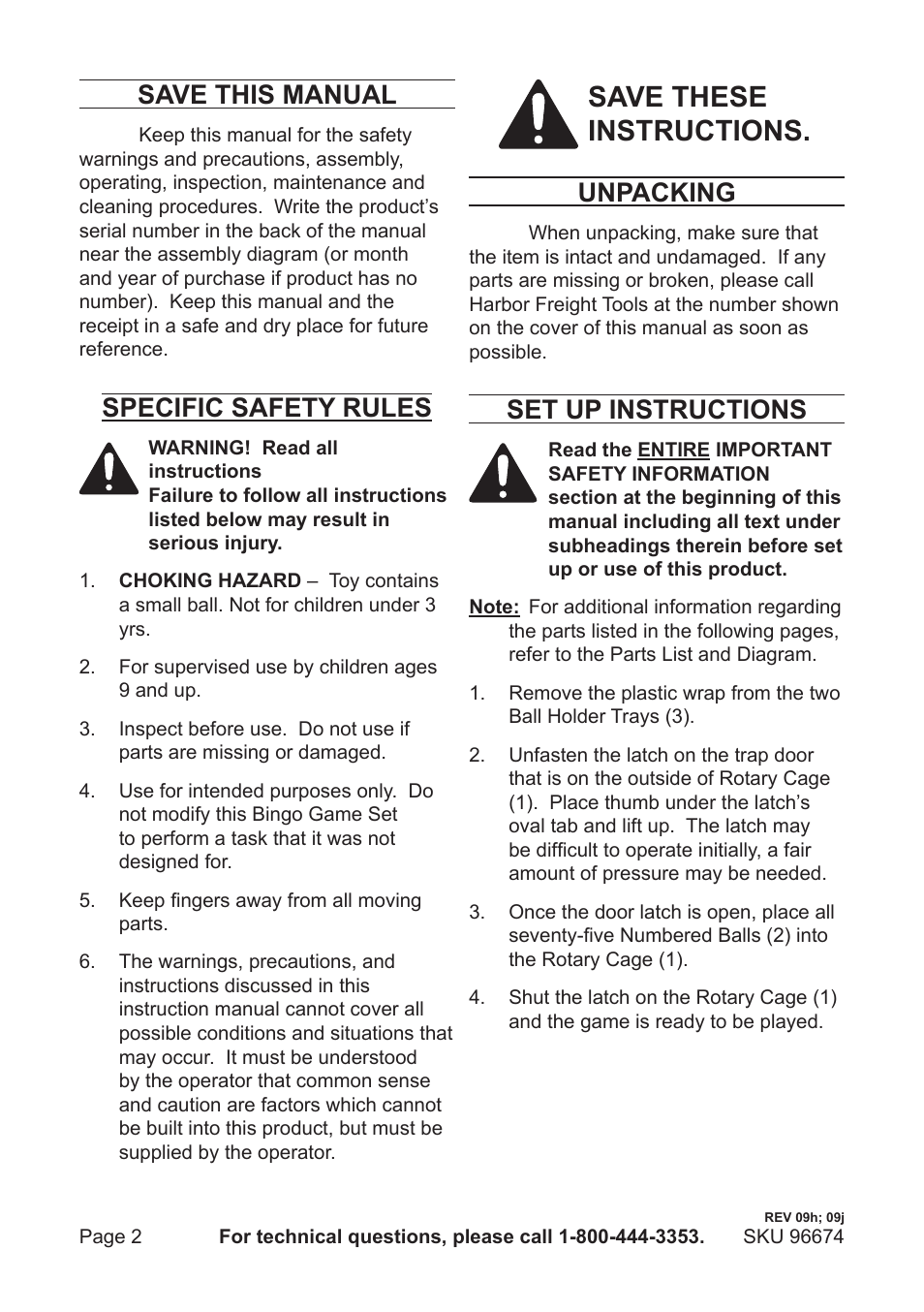 Save these instructions, Save this manual, Specific safety rules | Unpacking, Set up instructions | Harbor Freight Tools Bingo Game Set 96674 User Manual | Page 2 / 4