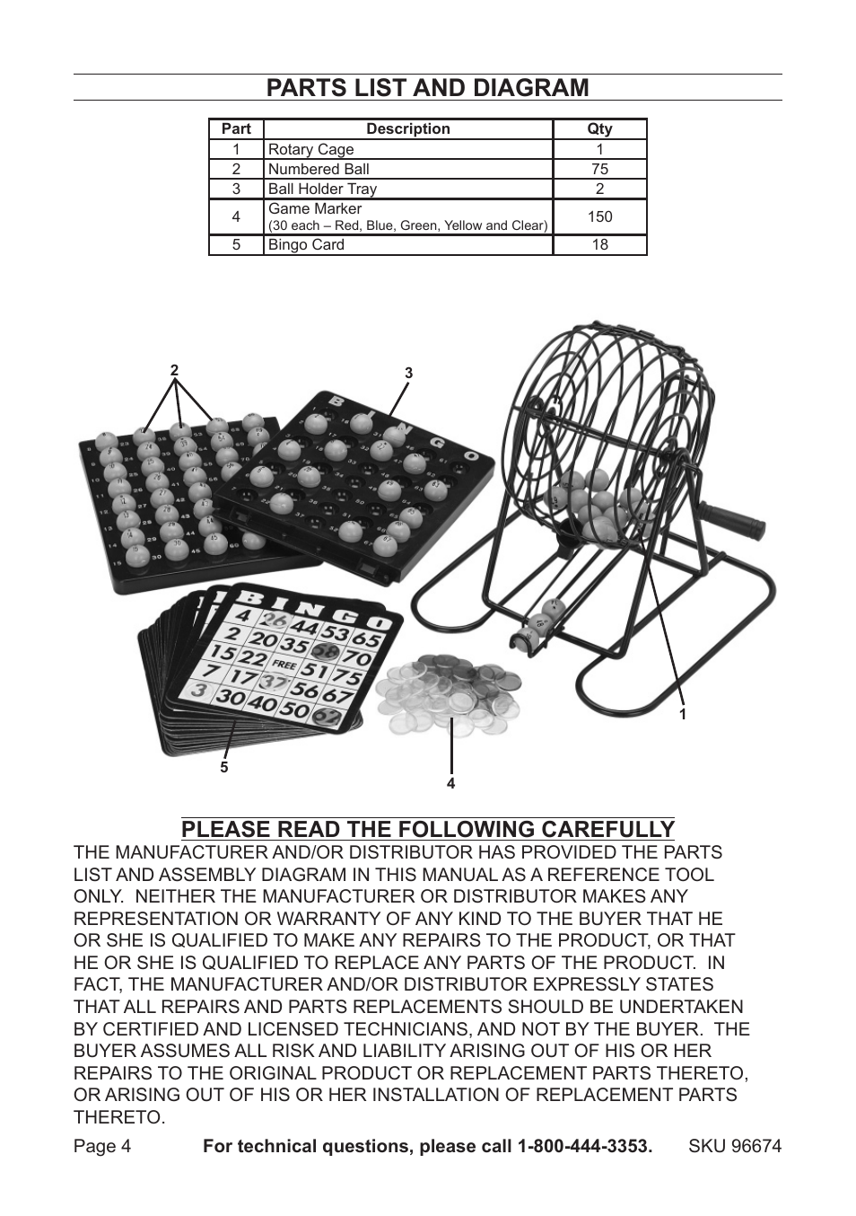 Parts list and diagram, Please read the following carefully | Harbor Freight Tools Bingo Game Set 96674 User Manual | Page 4 / 4