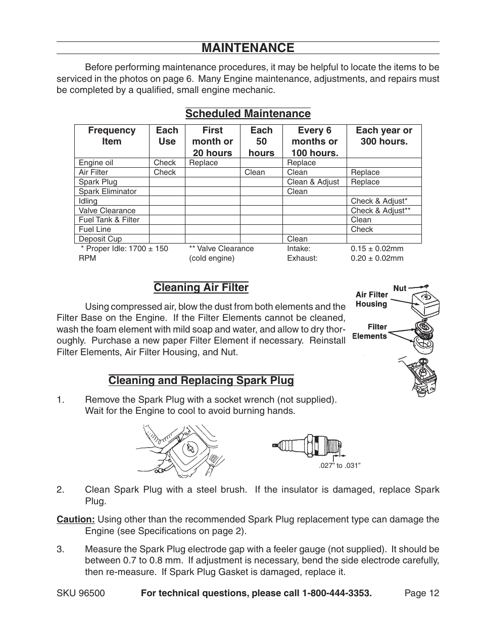 Maintenance, Scheduled maintenance, Cleaning air filter | Cleaning and replacing spark plug | Harbor Freight Tools 96500 User Manual | Page 12 / 20