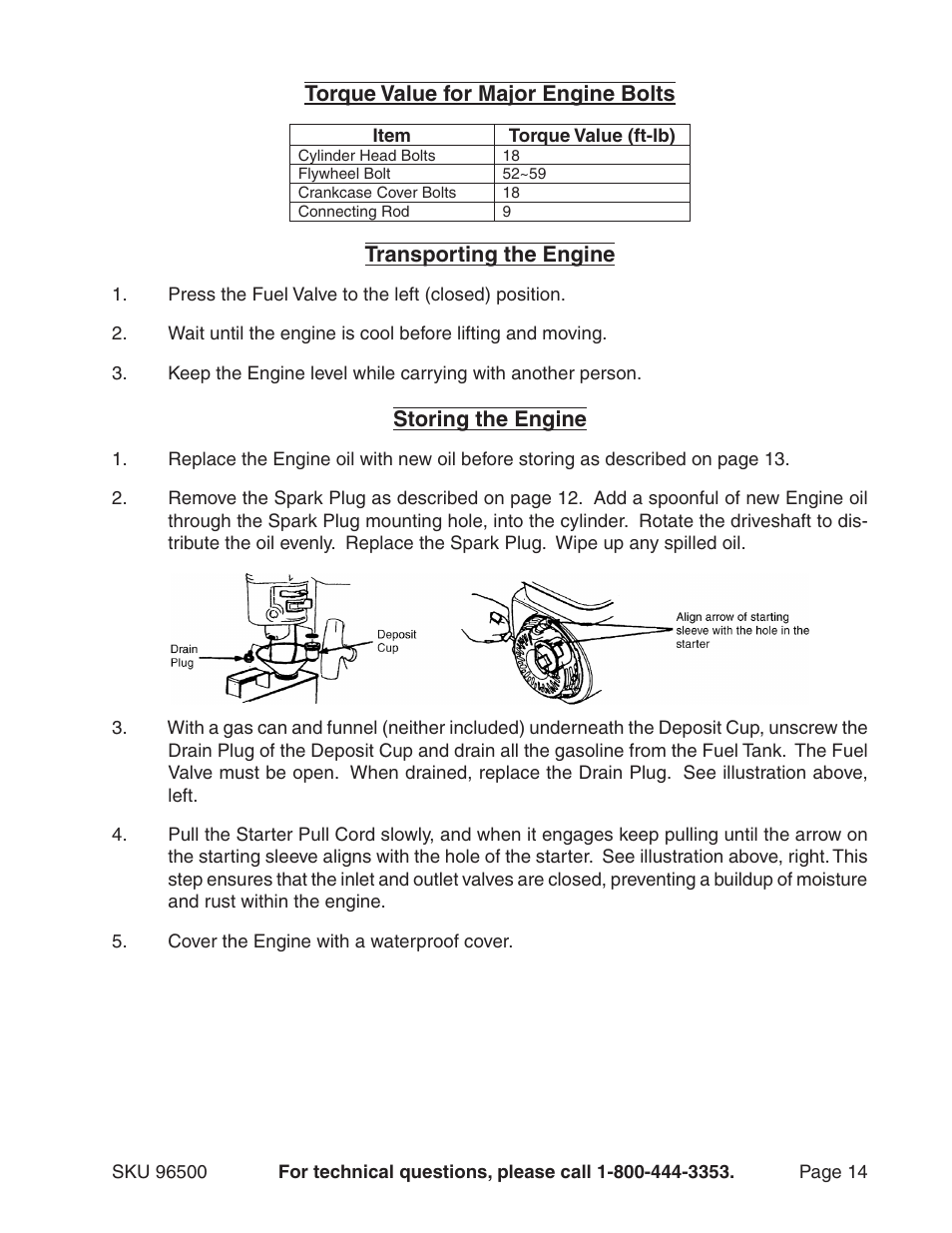 Torque value for major engine bolts, Transporting the engine, Storing the engine | Harbor Freight Tools 96500 User Manual | Page 14 / 20