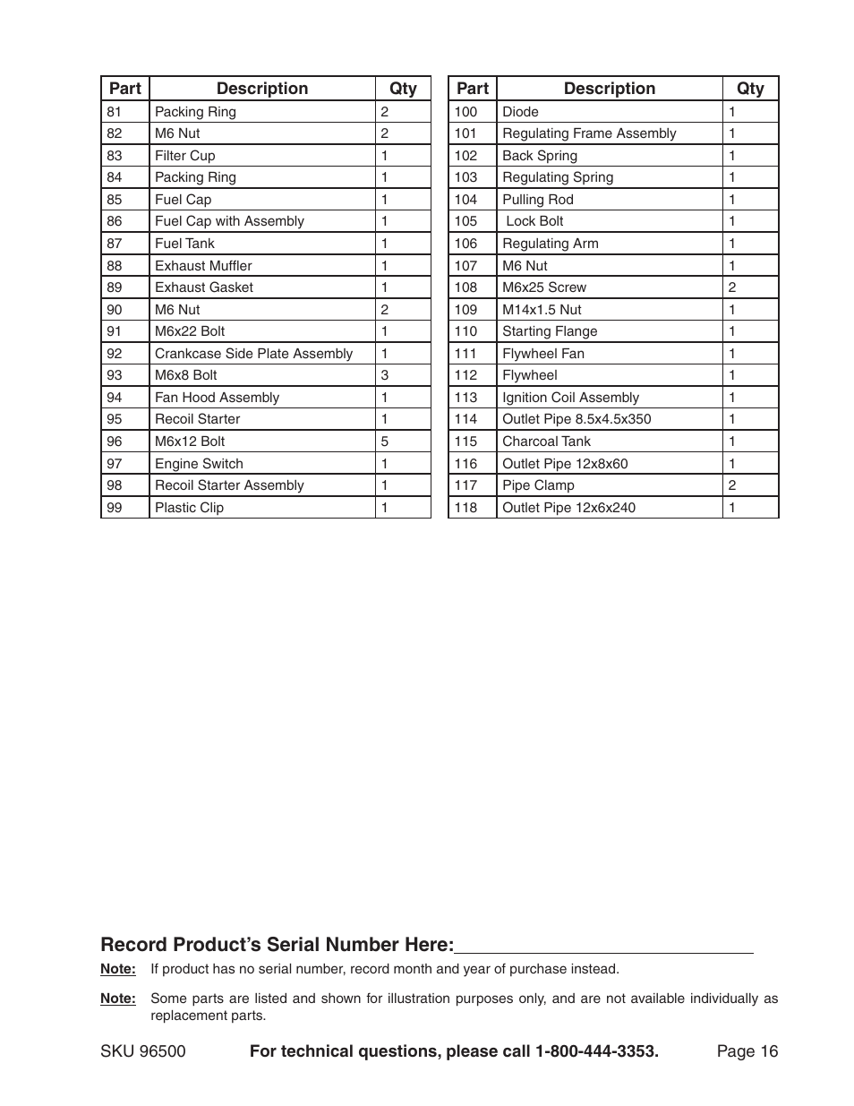 Record product’s serial number here | Harbor Freight Tools 96500 User Manual | Page 16 / 20