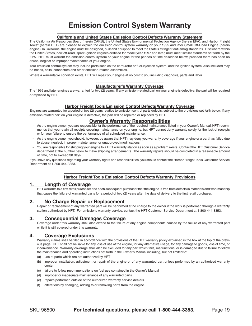 Emission control system warranty | Harbor Freight Tools 96500 User Manual | Page 19 / 20