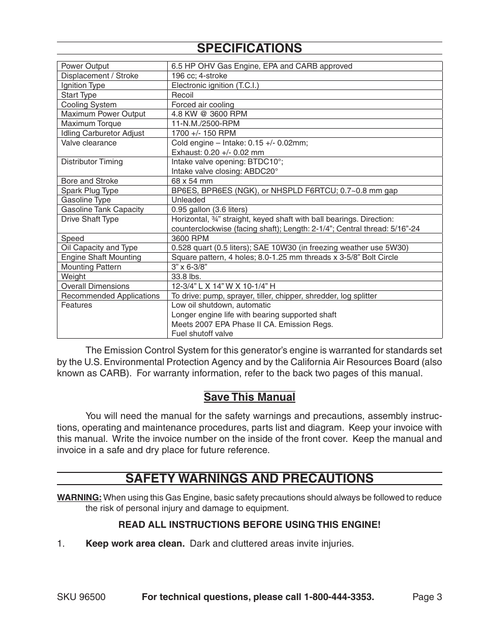 Specifications, Safety warnings and precautions, Save this manual | Harbor Freight Tools 96500 User Manual | Page 3 / 20