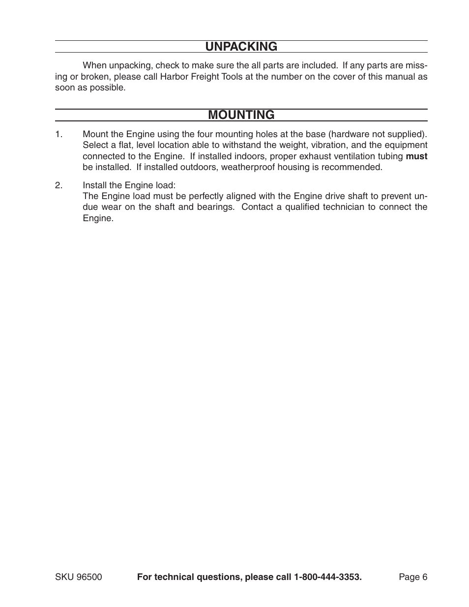 Unpacking, Mounting | Harbor Freight Tools 96500 User Manual | Page 6 / 20