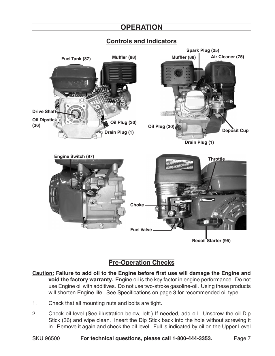 Operation, Controls and indicators, Pre-operation checks | Harbor Freight Tools 96500 User Manual | Page 7 / 20