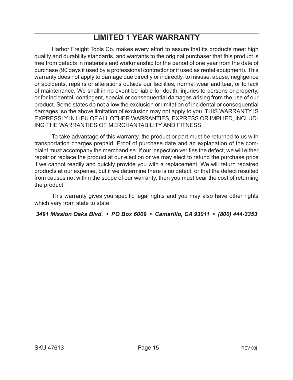 Limited 1 year warranty | Harbor Freight Tools 47613 User Manual | Page 16 / 16