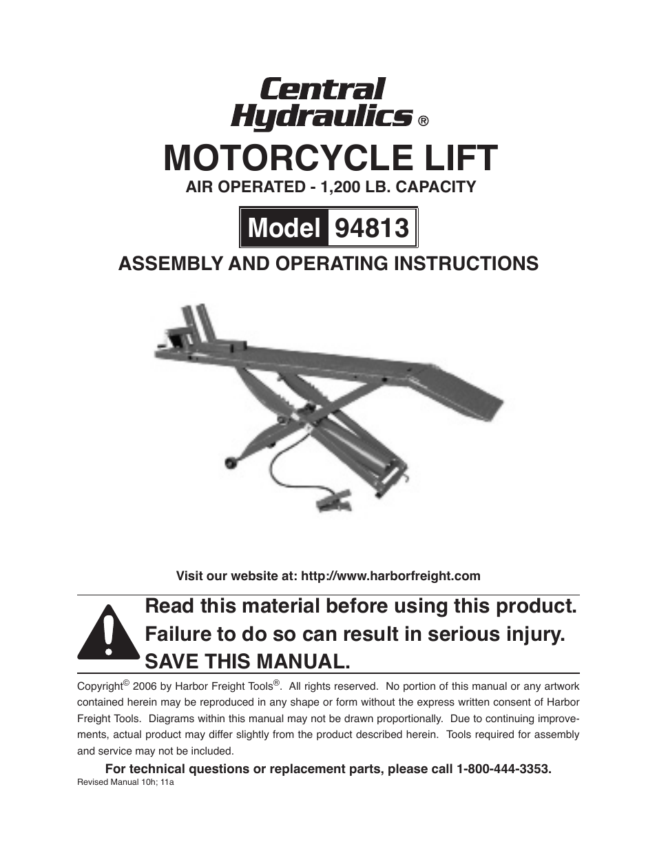 Harbor Freight Tools MOTORCYCLE LIFT 94813 User Manual | 15 pages