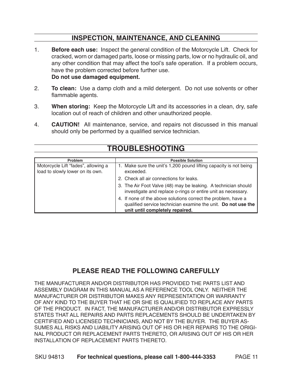 Troubleshooting, Inspection, maintenance, and cleaning, Please read the following carefully | Harbor Freight Tools MOTORCYCLE LIFT 94813 User Manual | Page 11 / 15