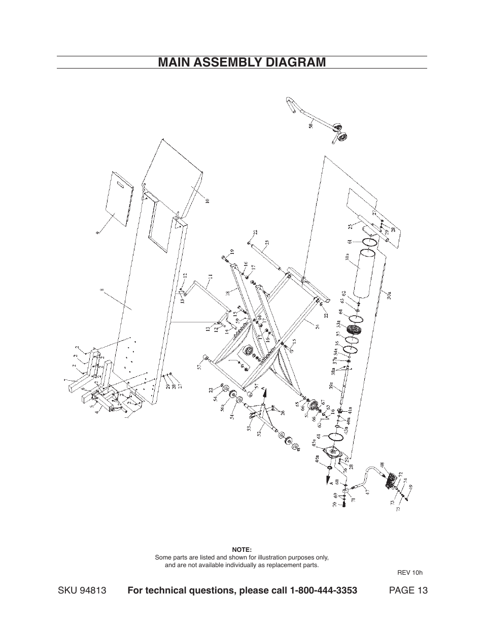 Main assembly diagram | Harbor Freight Tools MOTORCYCLE LIFT 94813 User Manual | Page 13 / 15