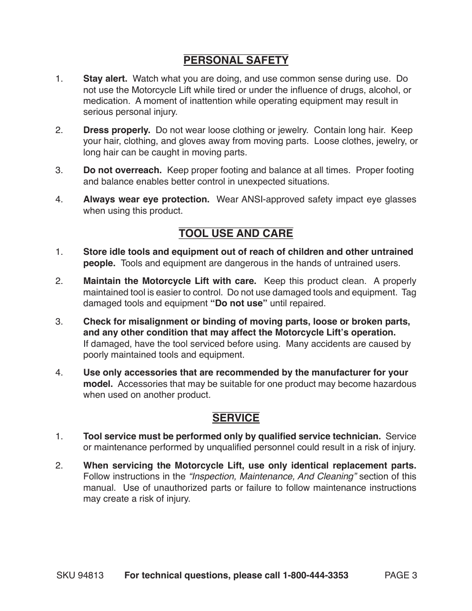 Harbor Freight Tools MOTORCYCLE LIFT 94813 User Manual | Page 3 / 15