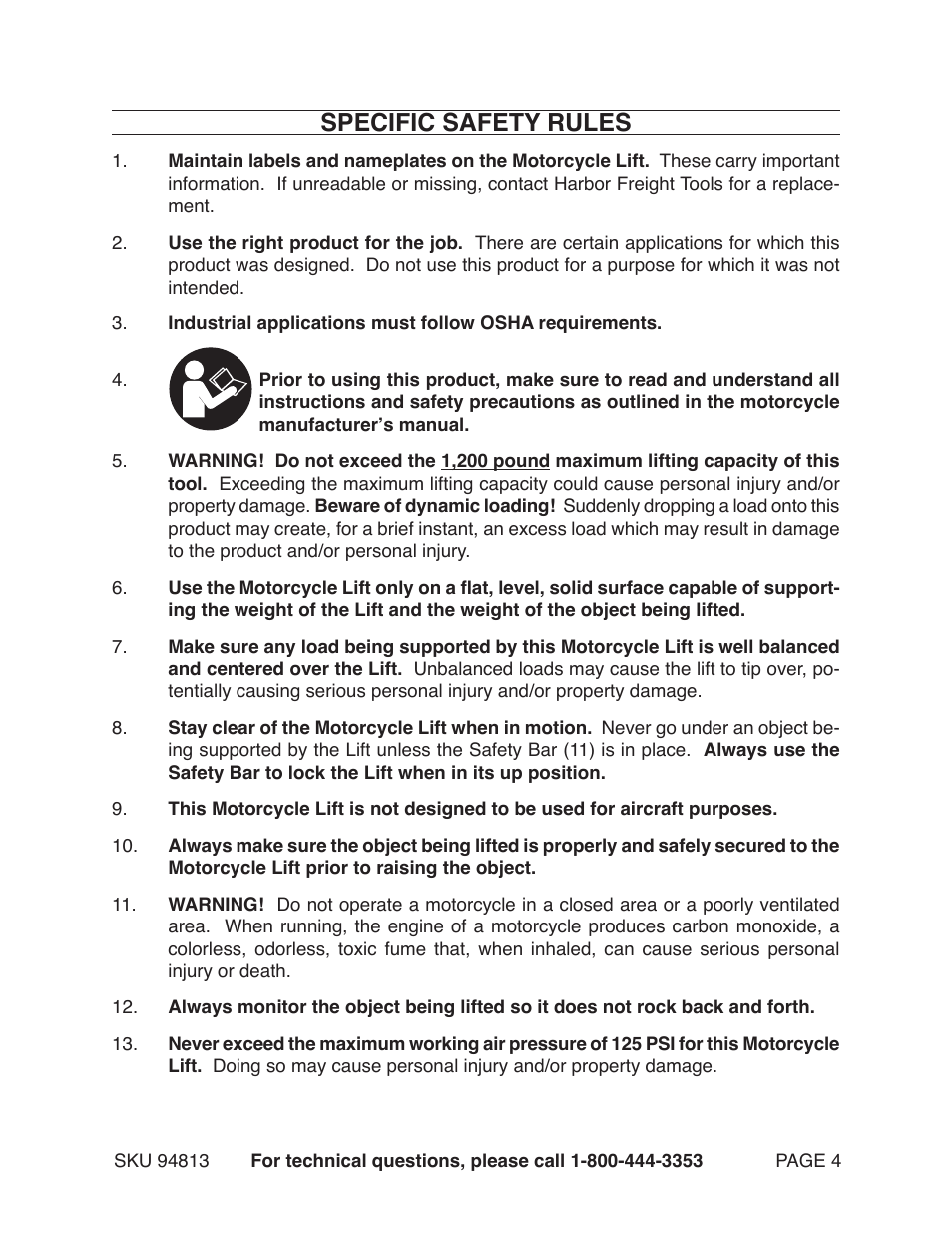 Specific safety rules | Harbor Freight Tools MOTORCYCLE LIFT 94813 User Manual | Page 4 / 15