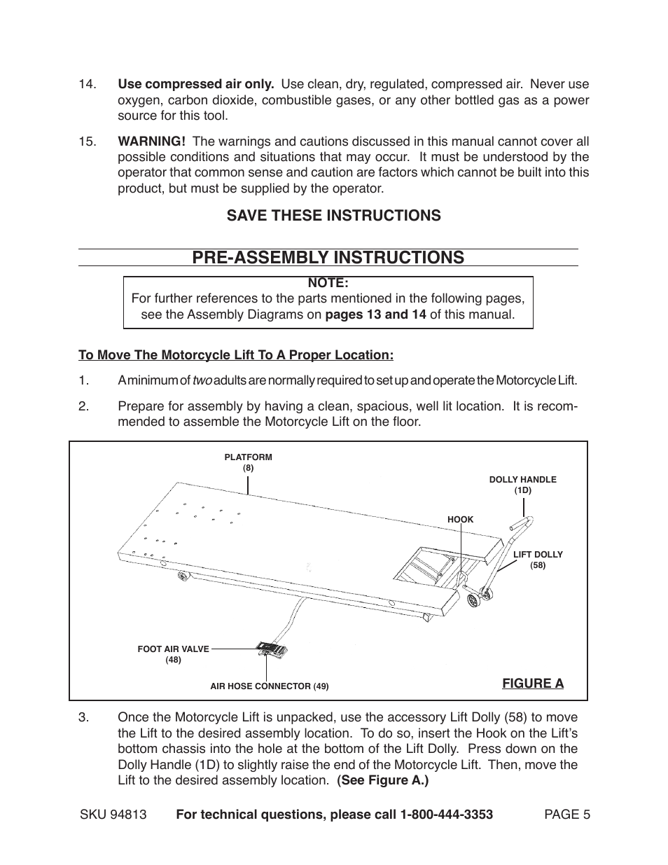 Pre-assembly instructions, Save these instructions | Harbor Freight Tools MOTORCYCLE LIFT 94813 User Manual | Page 5 / 15