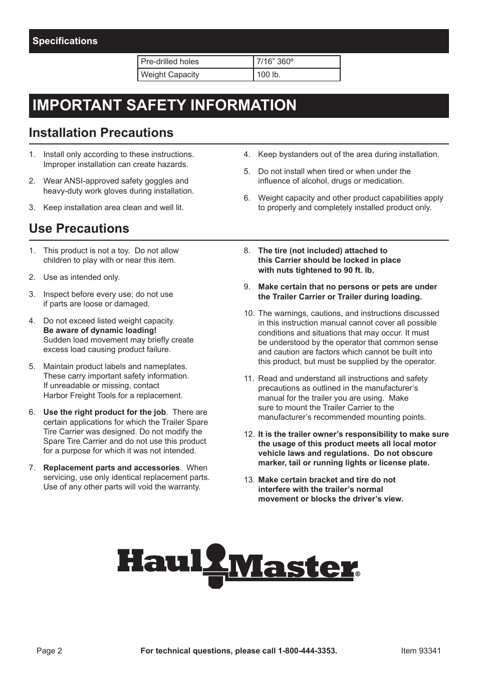 Important safety information, Installation precautions, Use precautions | Harbor Freight Tools 93341 User Manual | Page 2 / 4