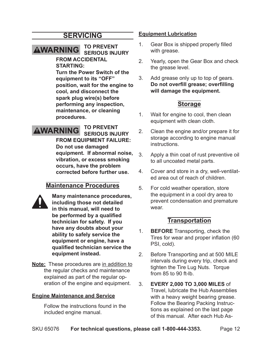 Servicing | Harbor Freight Tools 65076 User Manual | Page 12 / 18