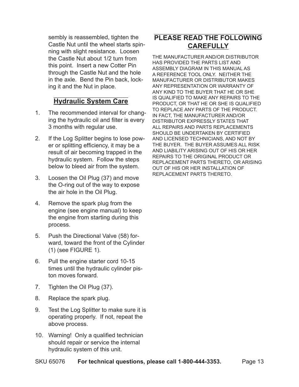 Hydraulic system care, Please read the following carefully | Harbor Freight Tools 65076 User Manual | Page 13 / 18