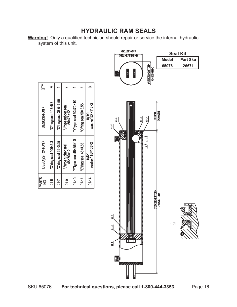 Hydraulic ram seals | Harbor Freight Tools 65076 User Manual | Page 16 / 18