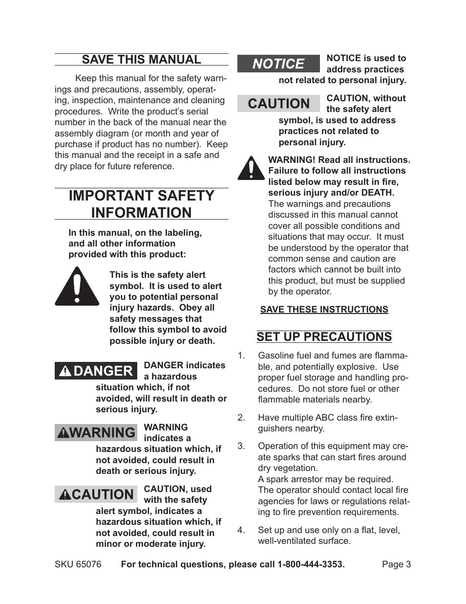 Important safety information, Save this manual, Set up precautions | Harbor Freight Tools 65076 User Manual | Page 3 / 18