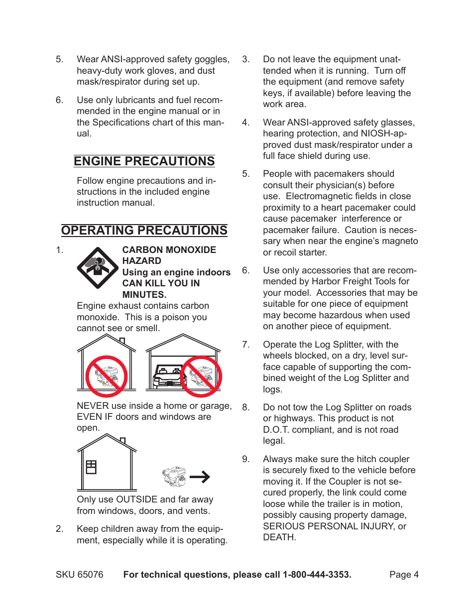 Engine precautions, Operating precautions | Harbor Freight Tools 65076 User Manual | Page 4 / 18