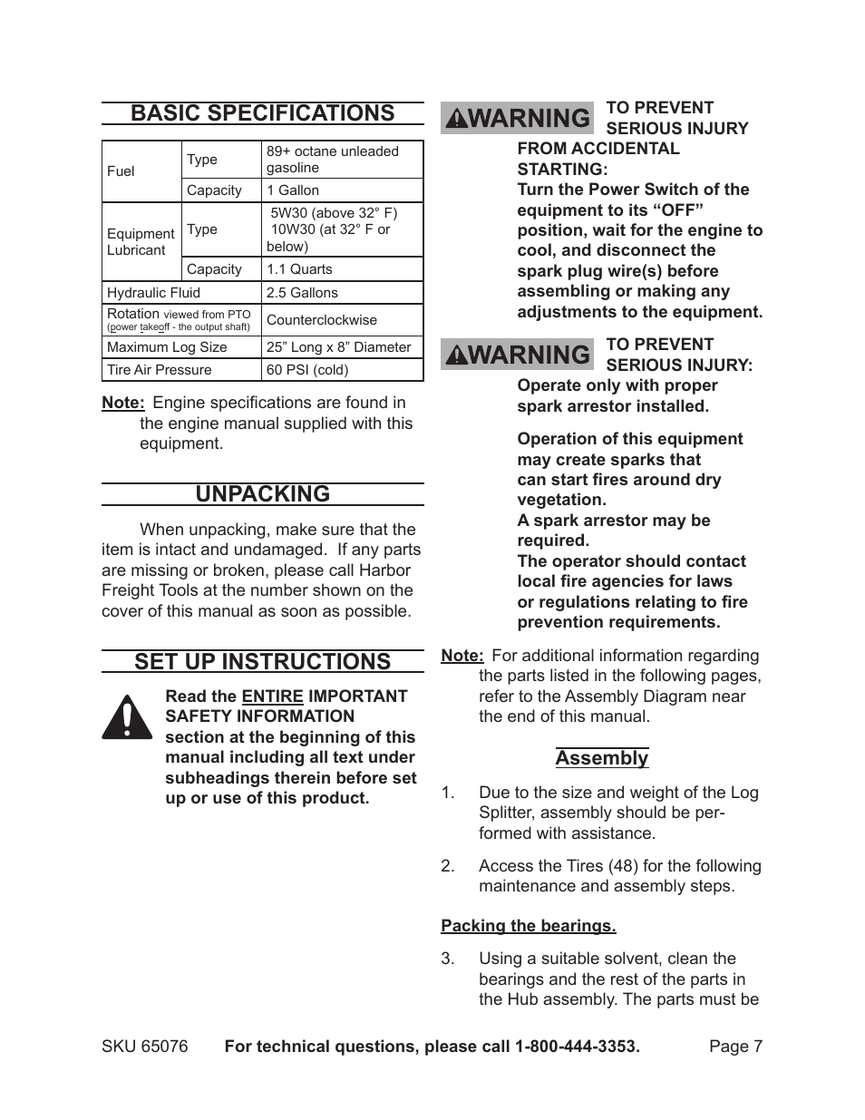 Basic specifications, Unpacking, Set up instructions | Assembly | Harbor Freight Tools 65076 User Manual | Page 7 / 18