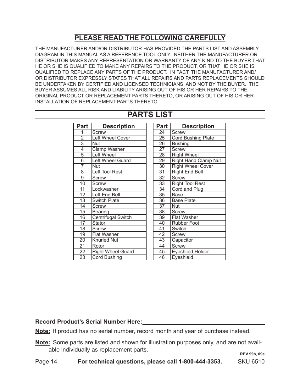 Parts list, Please read the following carefully | Harbor Freight Tools 6510 User Manual | Page 14 / 16