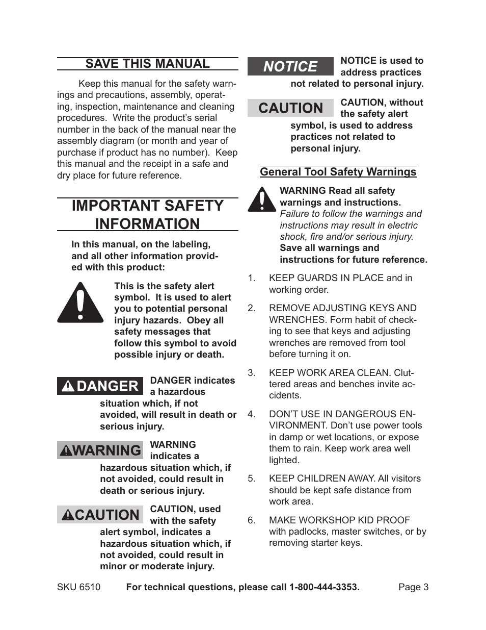 Important safety information, Save this manual | Harbor Freight Tools 6510 User Manual | Page 3 / 16