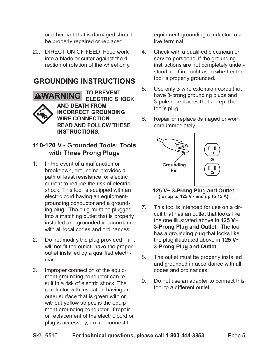 Grounding instructions | Harbor Freight Tools 6510 User Manual | Page 5 / 16