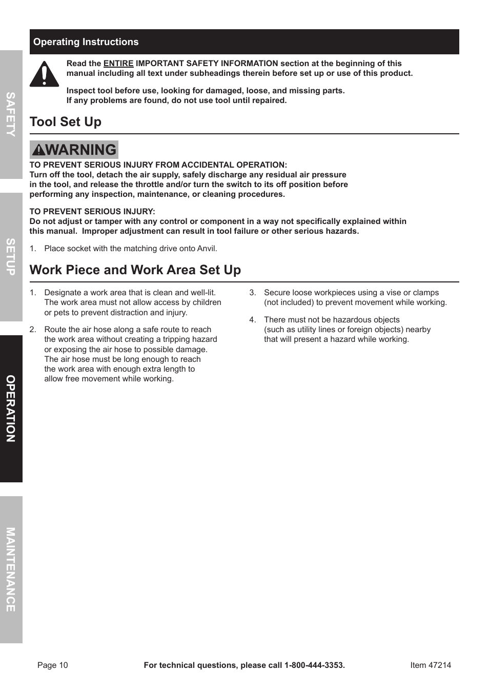 Tool set up, Work piece and work area set up | Harbor Freight Tools 47214 User Manual | Page 10 / 16