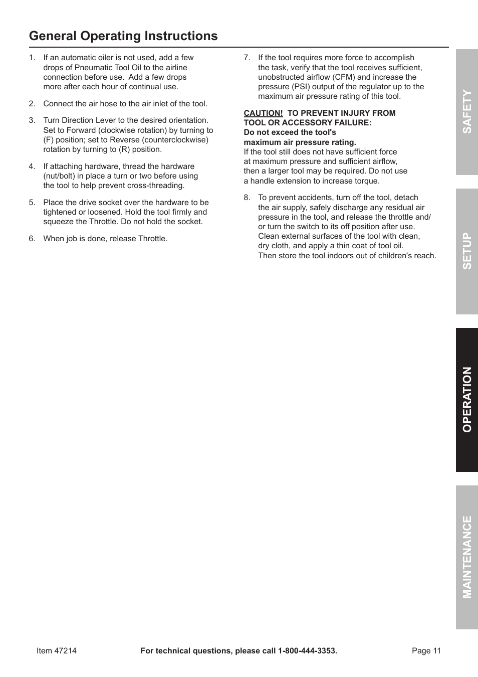 General operating instructions | Harbor Freight Tools 47214 User Manual | Page 11 / 16