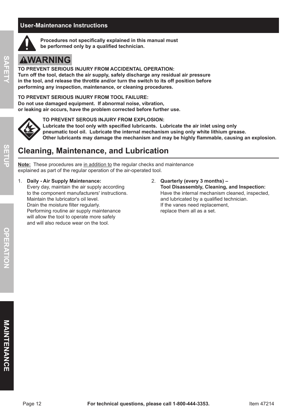 Cleaning, maintenance, and lubrication | Harbor Freight Tools 47214 User Manual | Page 12 / 16