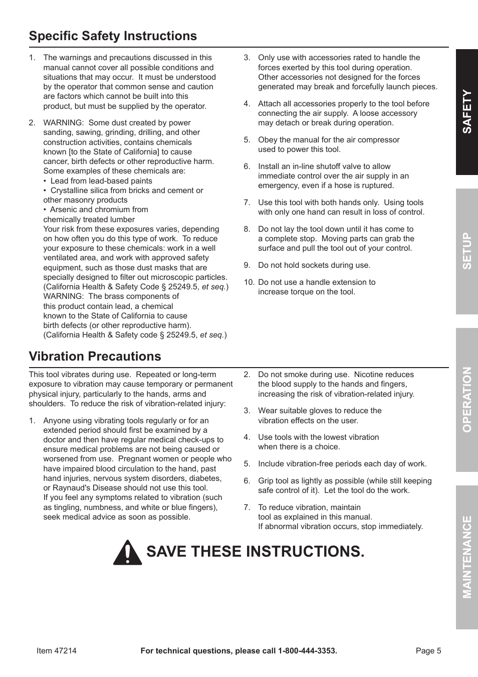 Save these instructions, Specific safety instructions, Vibration precautions | Harbor Freight Tools 47214 User Manual | Page 5 / 16