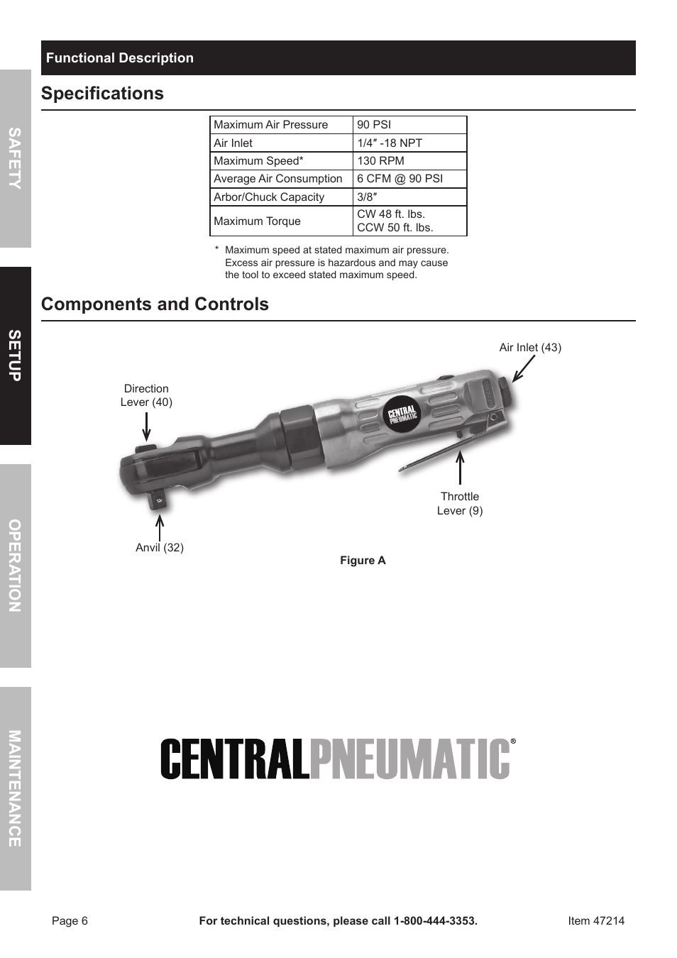 Specifications, Components and controls | Harbor Freight Tools 47214 User Manual | Page 6 / 16