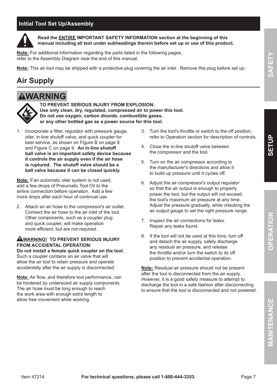 Air supply | Harbor Freight Tools 47214 User Manual | Page 7 / 16