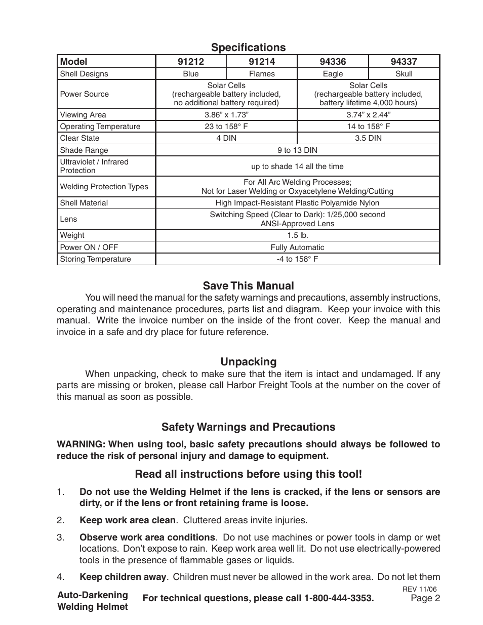 Specifications, Save this manual, Unpacking | Safety warnings and precautions, Read all instructions before using this tool | Harbor Freight Tools 94336 User Manual | Page 2 / 8