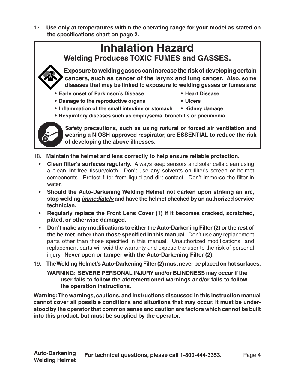 Inhalation hazard, Welding produces toxic fumes and gasses | Harbor Freight Tools 94336 User Manual | Page 4 / 8