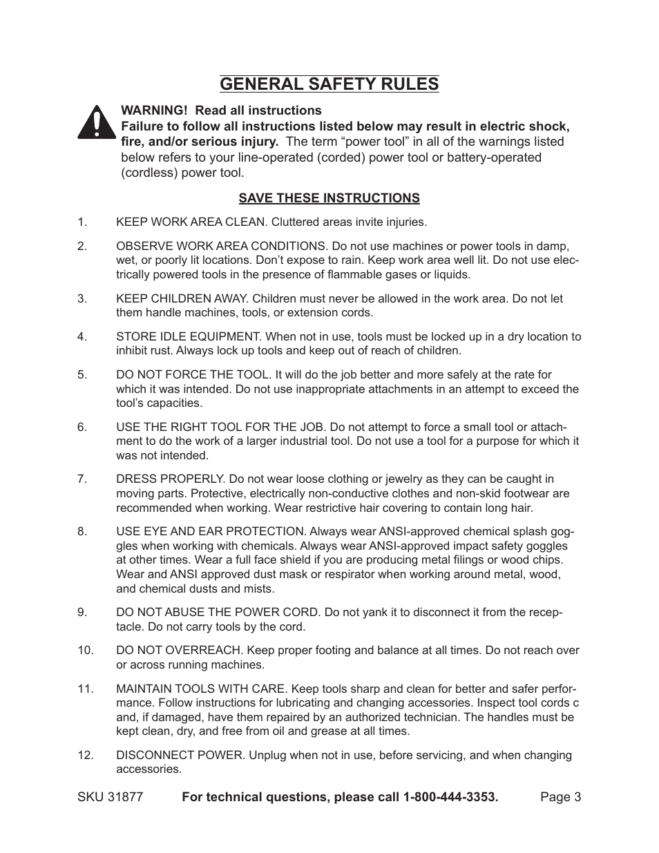 General safety rules | Harbor Freight Tools 31877 User Manual | Page 3 / 11