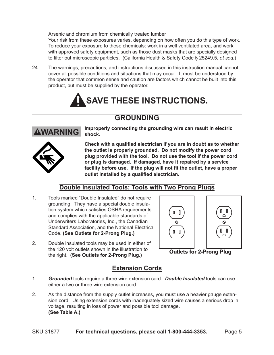 Save these instructions, Warning, Grounding | Harbor Freight Tools 31877 User Manual | Page 5 / 11