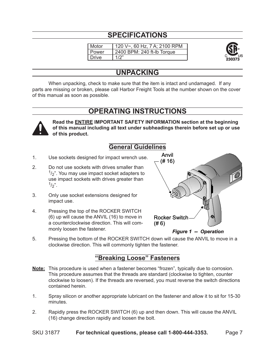 Specifications, Unpacking, Operating instructions | General guidelines, Breaking loose” fasteners | Harbor Freight Tools 31877 User Manual | Page 7 / 11