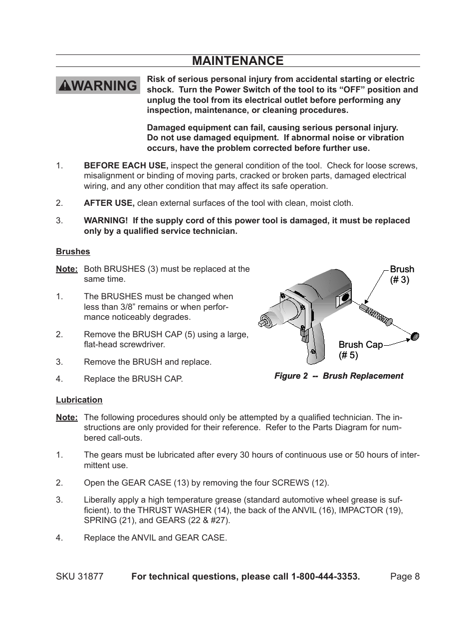 Warning, Maintenance | Harbor Freight Tools 31877 User Manual | Page 8 / 11