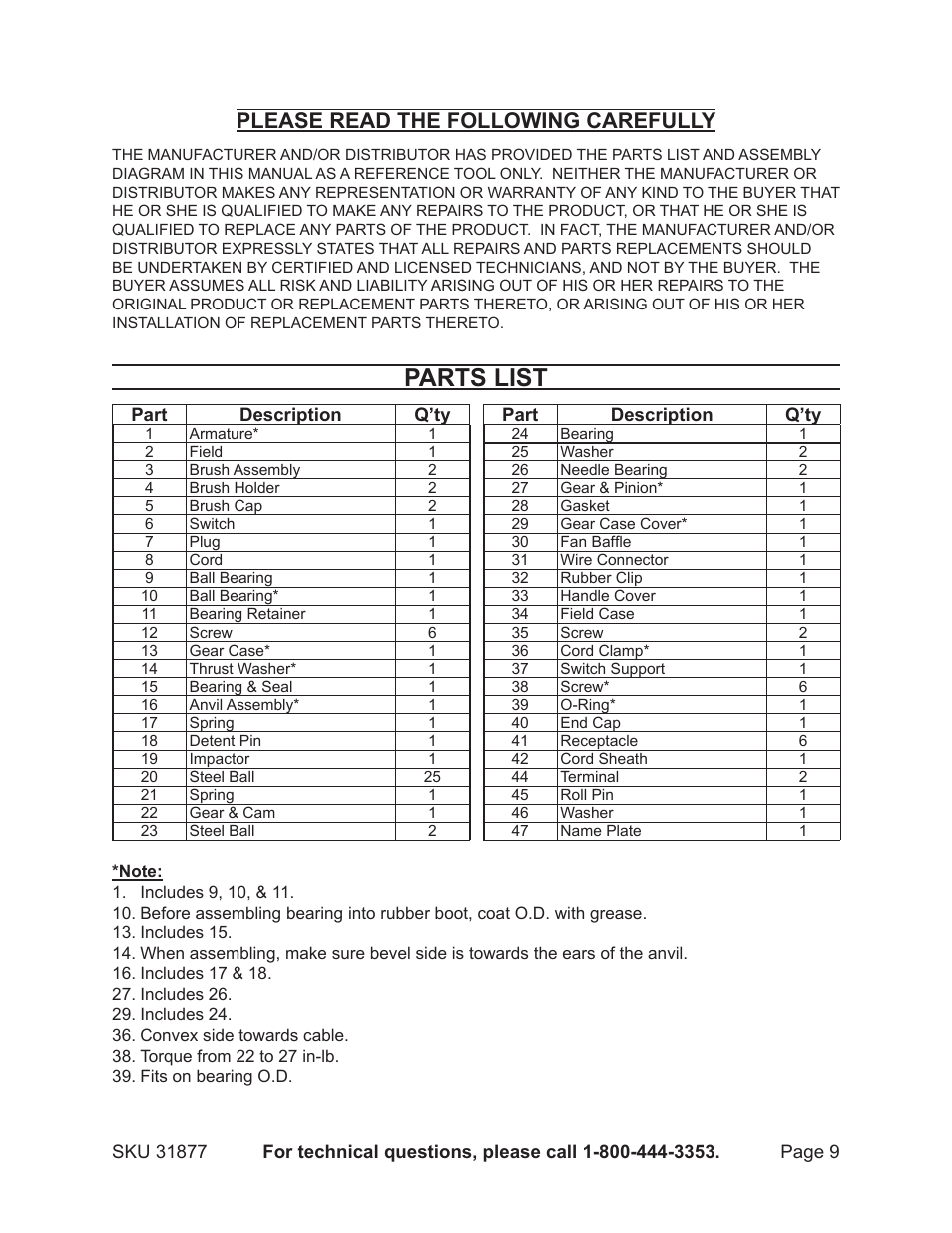 Parts list, Please read the following carefully | Harbor Freight Tools 31877 User Manual | Page 9 / 11