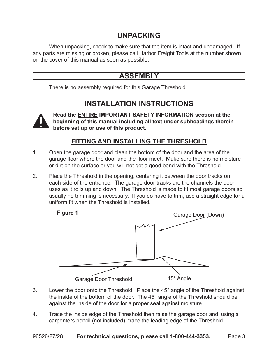 Unpacking, Assembly, Installation instructions | Harbor Freight Tools 96329 User Manual | Page 3 / 4